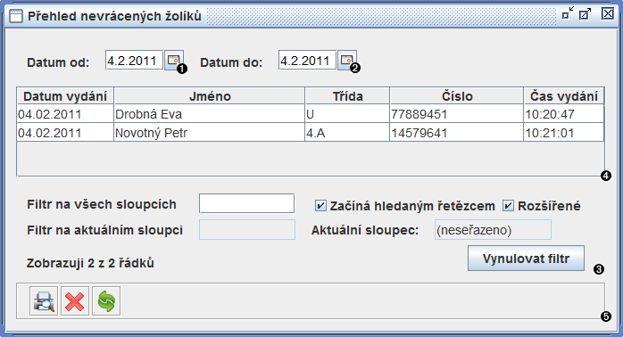 Okno Přehled nevrácených žolíků