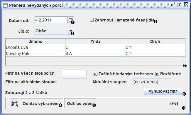 Okno Přehled nevydaných porcí