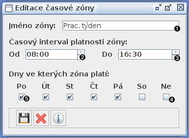 Okno editace časové zóny