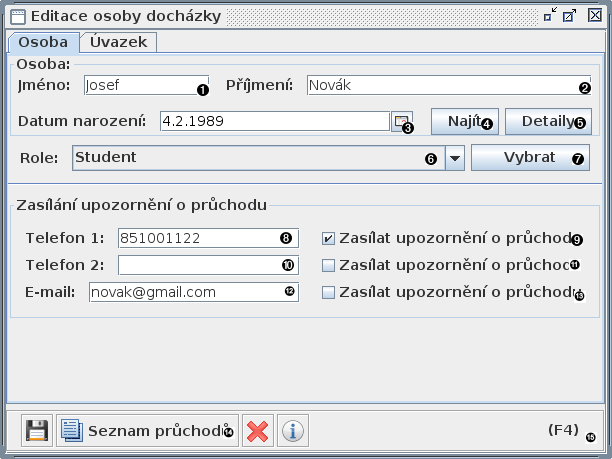 Okno editace osoby docházky