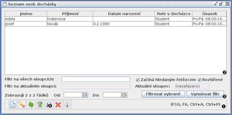 Okno seznam osob docházky