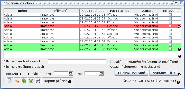 Okno seznam průchodů