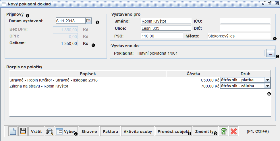 Okno pokladního dokladu