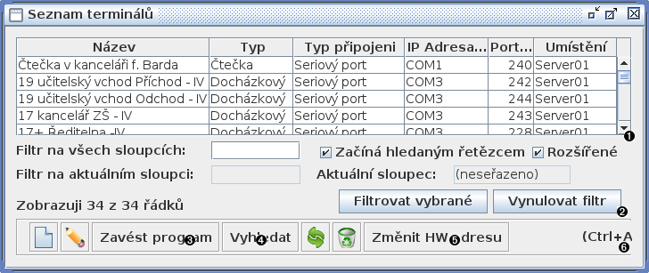 Okno Seznam terminálů