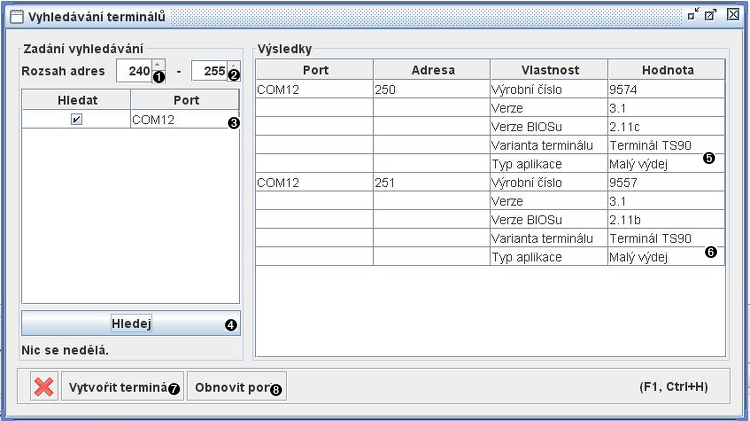 Okno vyhledávání terminálů