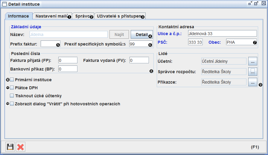 Záložka informací okna detailu instituce