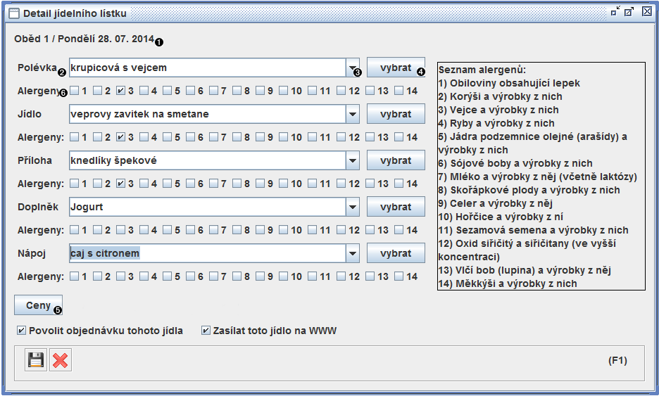 Okno detailu jídelního lístku