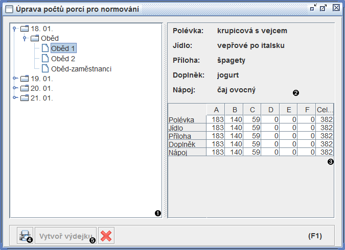 Okno úpravy porcí pro normování