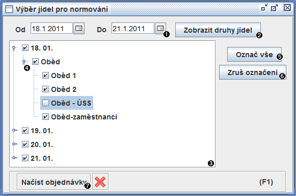 Okno výběru druhů pro normování