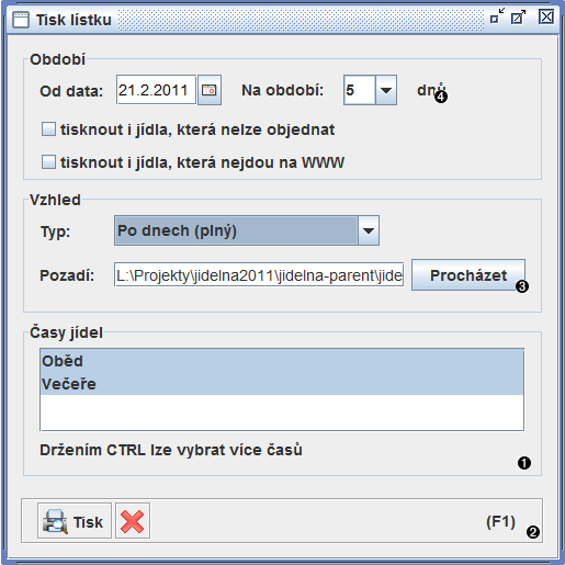 Okno tisku jídelních lístků