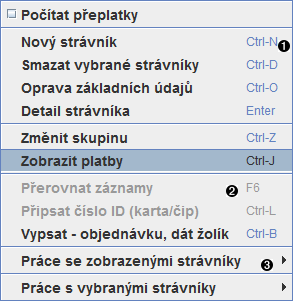 Kontextové menu (příklad z modulu Strávník)