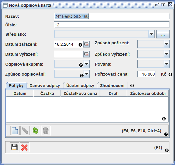 Okno odpisové karty