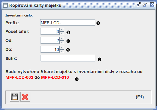 Okno kopírování karty majetku
