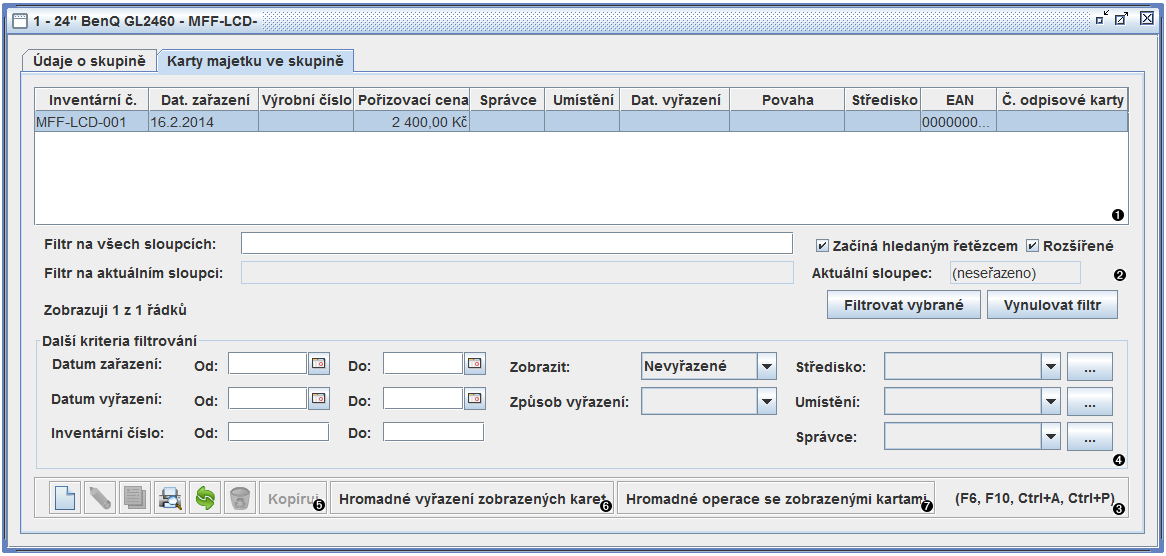 Okno skupiny karet majetku - karty