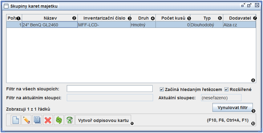 Okno seznamu skupin karet majetku
