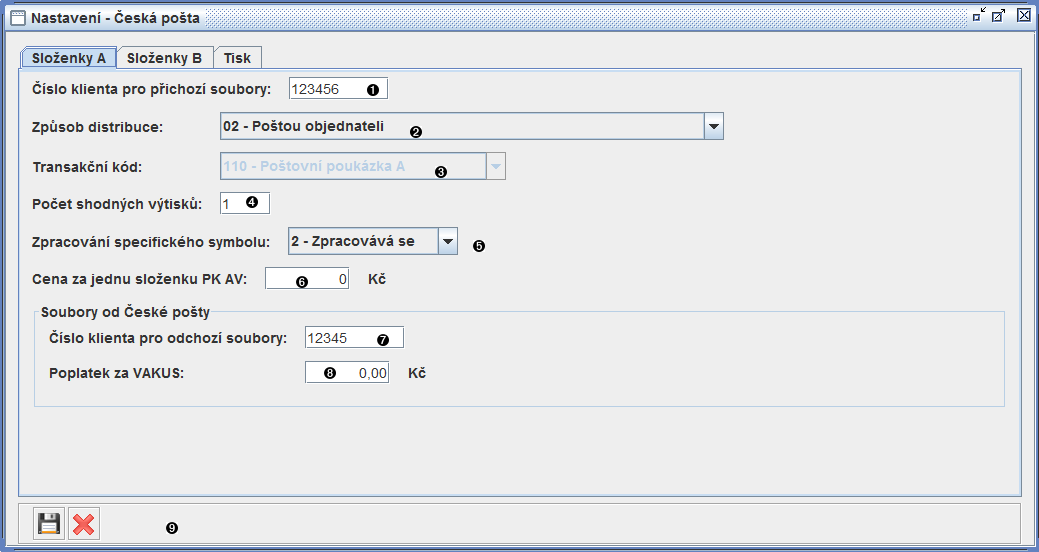 Okno nastavení České pošty - záložka Složenky A
