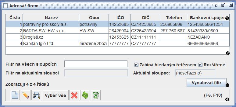 Okno adresář firem