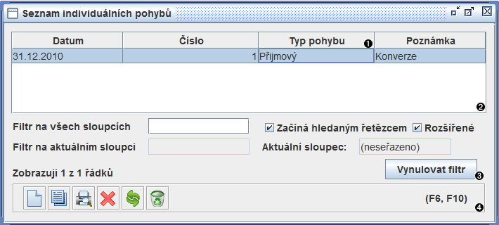 Okno seznam individuálních pohybů