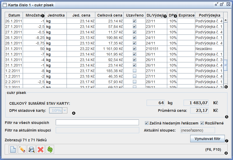Okno přehled pohybů skladové karty