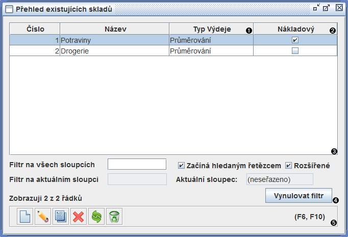 Okno přehled existujících skladů
