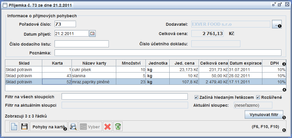 Okno přehled skupiny příjmových pohybů