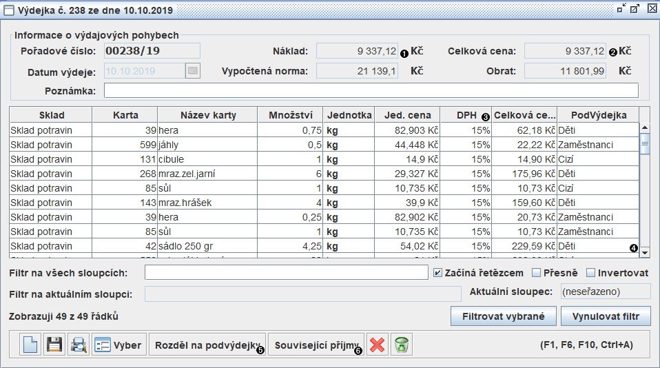 Okno přehled skupiny výdejových pohybů
