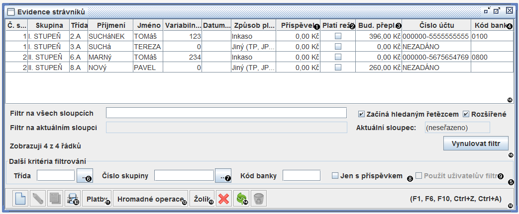 Okno evidence strávníků