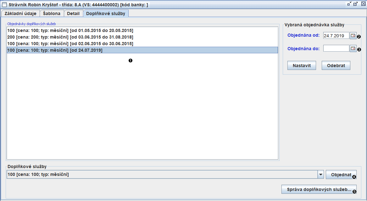 Záložka doplňkových služeb okna strávníka
